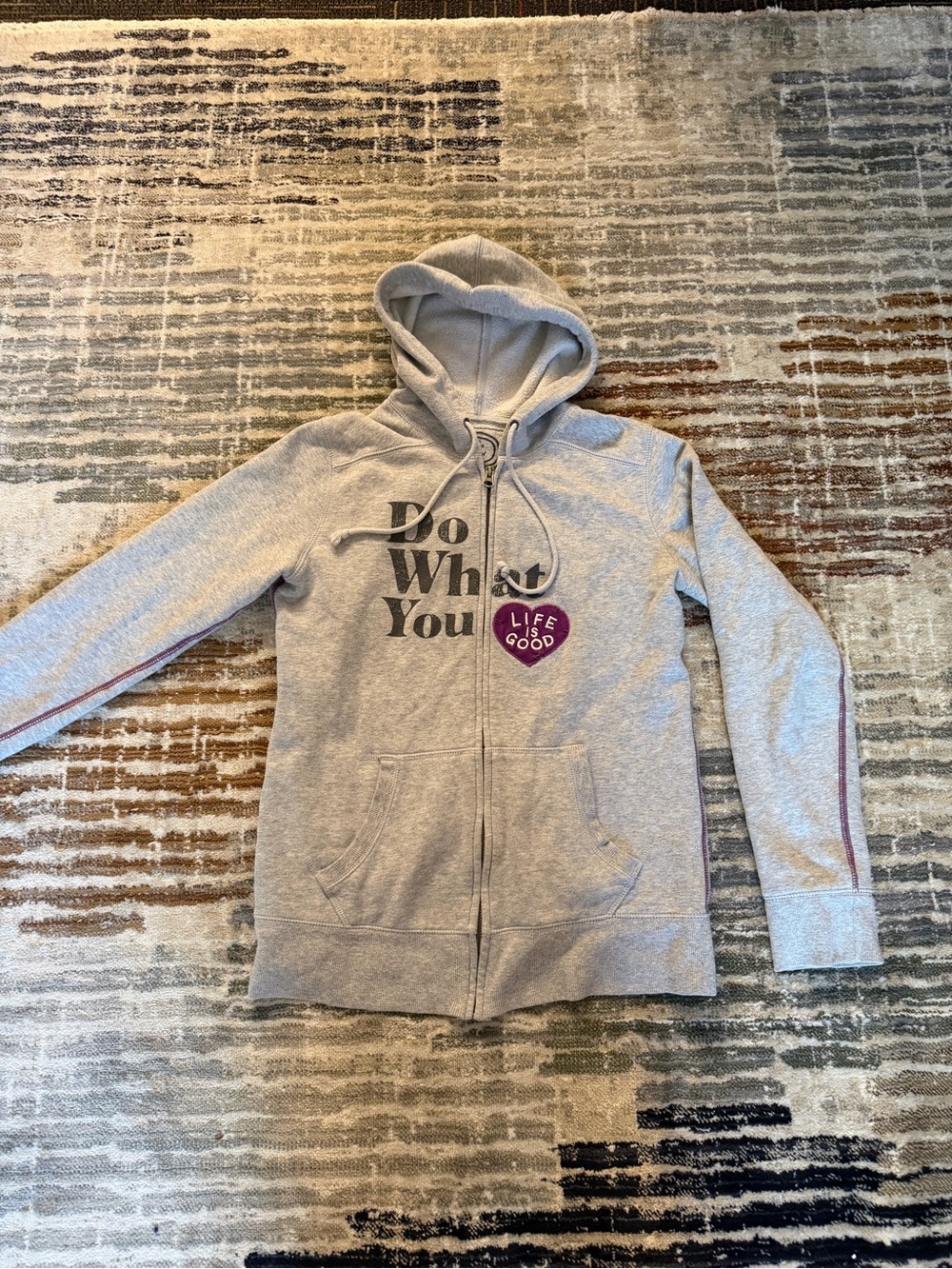 Life Is Good Gray Zip-Up Hoodie with Purple Heart Logo and Pink Sleeve Stripe